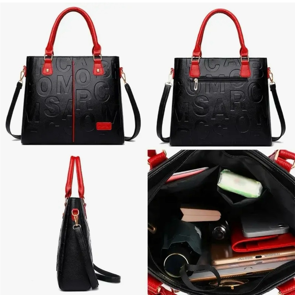 Perfect Lily Black Embossed Letter Tote Bag Red Handle Crossbody NIP - Picture 9 of 12